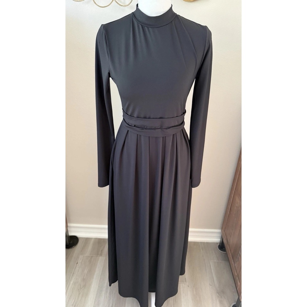 Halara S Black Mock Neck Long Sleeve Maxi Dress A-Line Pockets Stretch Casual